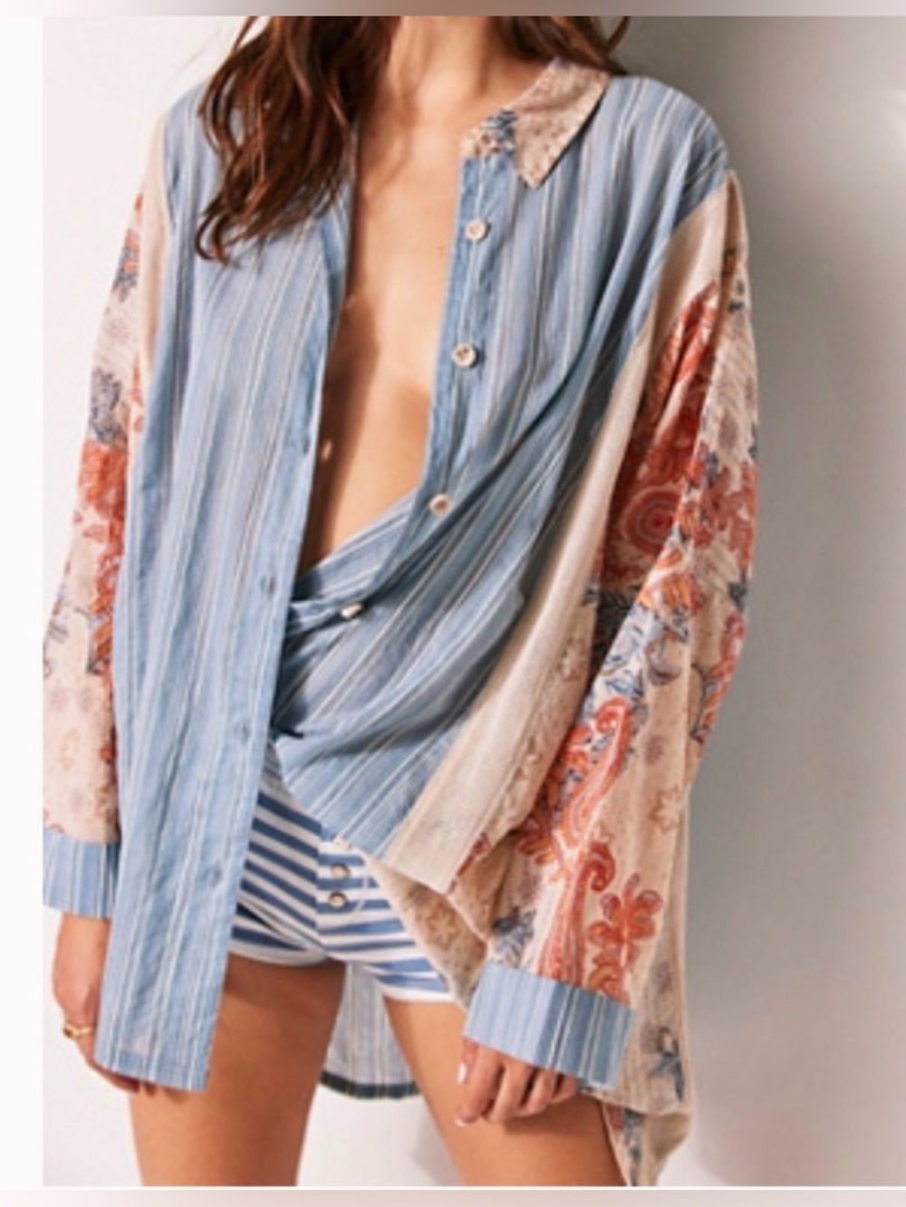 Free People Patchwork Oversized Button Down Shirt XS - Picture 1 of 9